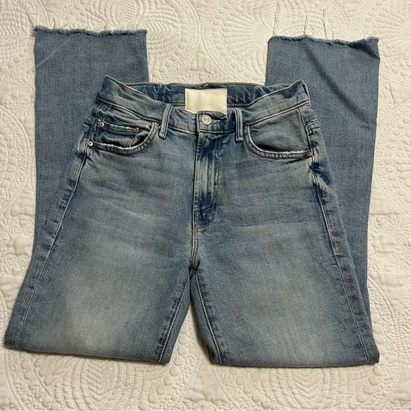 MOTHER Insider Crop Step Fray Denim Jeans High Rise Waist Raw Hem Light Wash 24